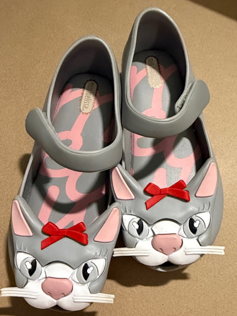 Mini Melissa Grey Cat Mary Janes with Pink & Red Accents